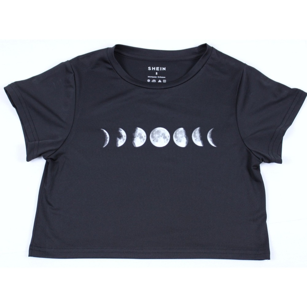 SHEIN Moon Phases Graphic Crop Top Women's Small Black Short Sleeve Celestial Te